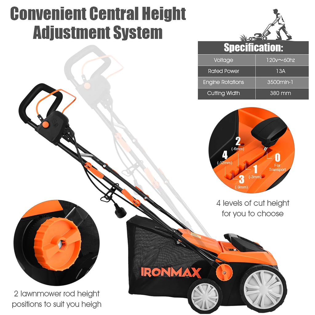 IronMax 13Amp Corded Scarifier 15" Electric Lawn Dethatcher w/50L Collection Bag Orange