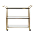 DecMode Traditional 3 Tier Gold Metal Bar Cart with Transparent Glass Shelves, 38"W x 31"H