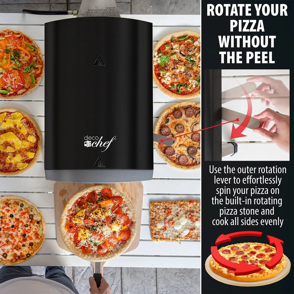 Deco Chef Outdoor Gas Pizza Oven, Portable Collapsable Design, Hassle-Free Self-Rotating Baking Stone, Black