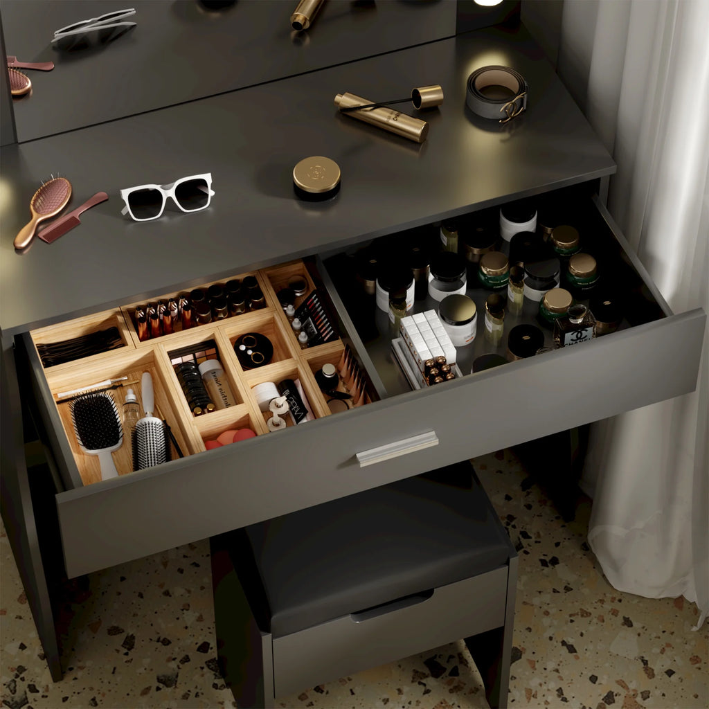 Vanity Table Set with Lighted Mirror,Makeup Vanity with Lights, Large Drawer Sturdy Wood Vanity, White