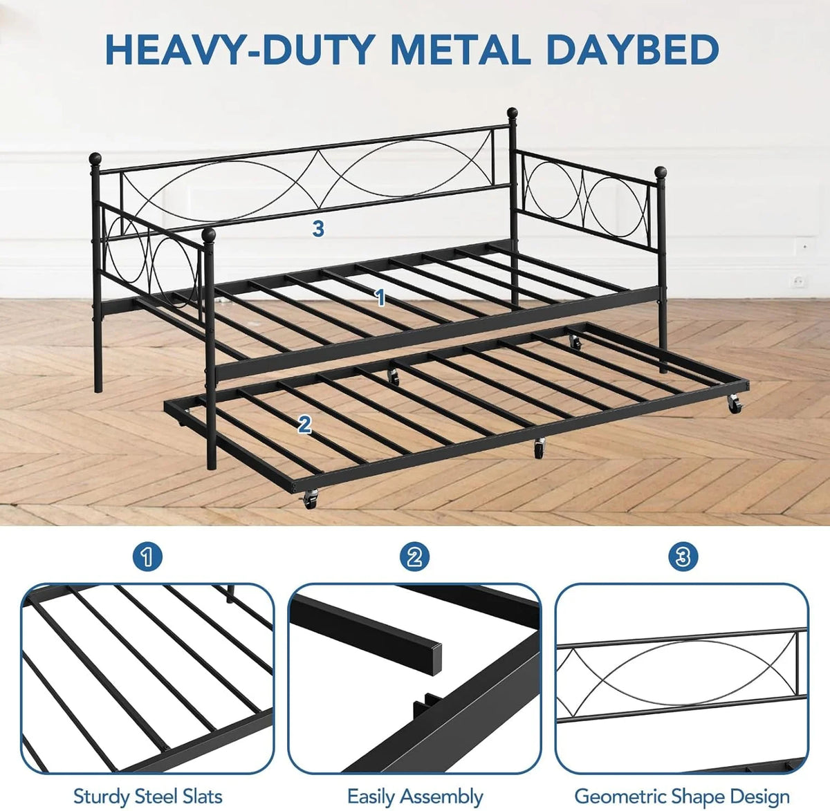 Senfot Twin Daybed with Trundle, Pull Out Trundle Day Bed, Twin Mattress Foundation with Metal Slats, Modern Sofa Bed for Living Room, Bedroom, and Guest Room, Black