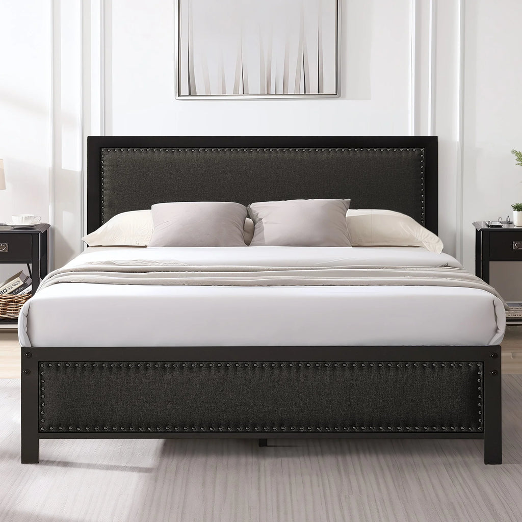 VECELO Queen Size Bed Frame Metal Platform Bed with Upholstered Headboard, No Box Spring Needed, Black