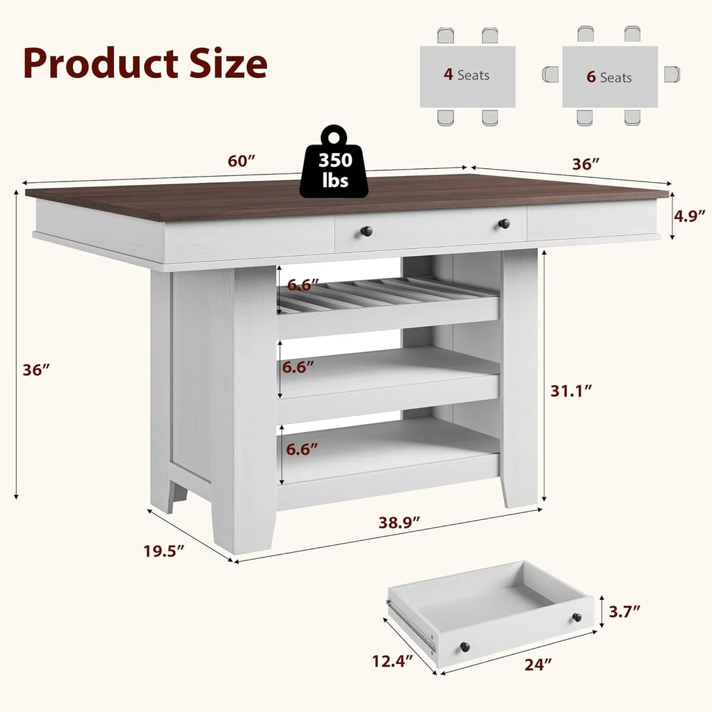 60" Counter Height Dining Table for 4,Rustic Counter Height Dining Table with Drawers& Open Shelves for Kitchen, Bar