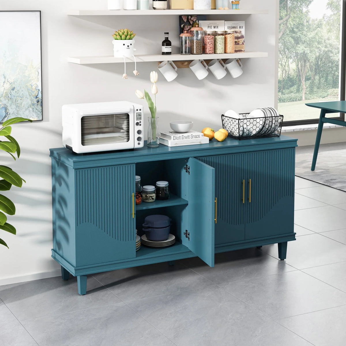 Large 4-Door Storage Cabinet with Adjustable Shelves, Modern Multi-Room Organizer for Living Room, Kitchen, Bedroom, Hallway - Blue