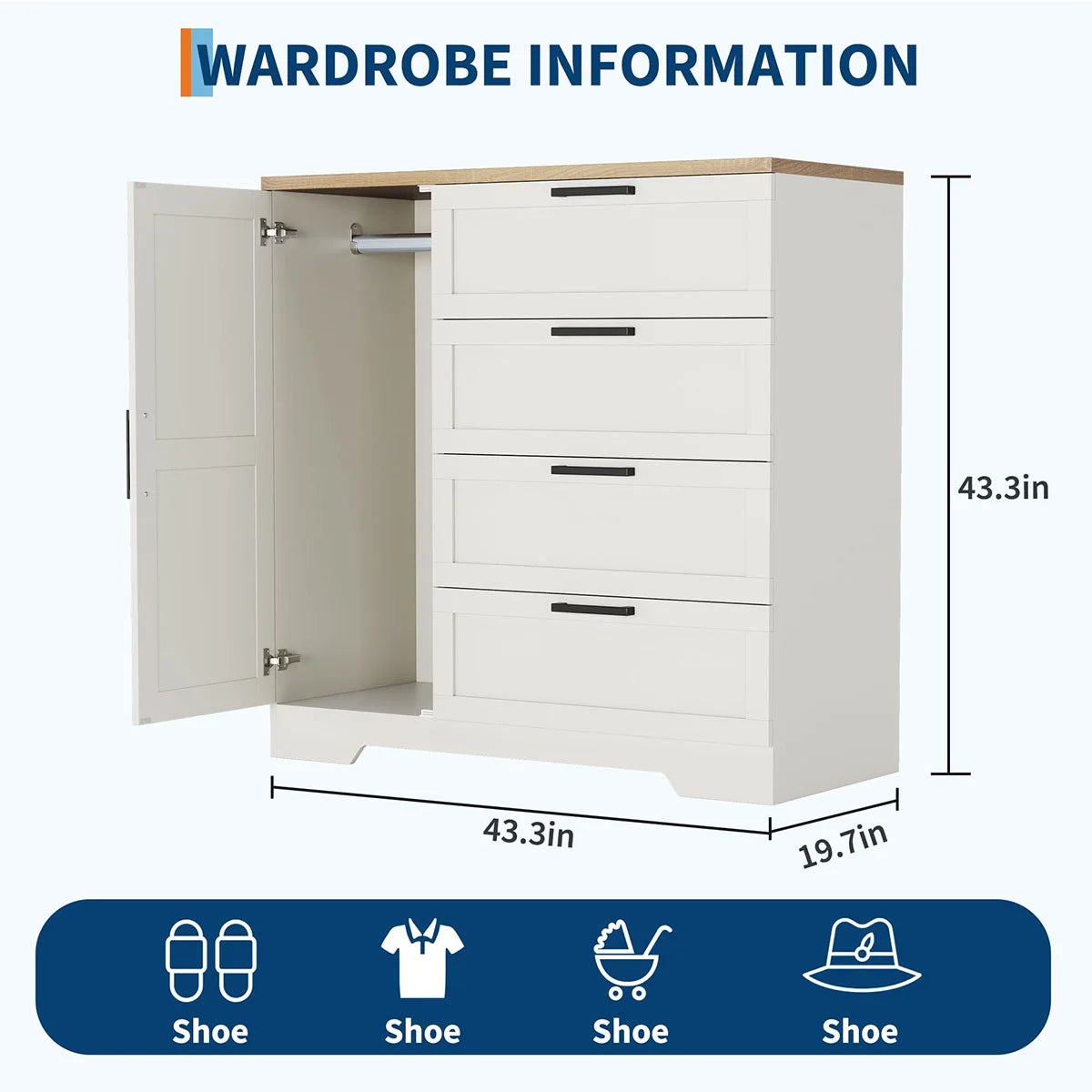 Ataucjin Wood Armoire Wardrobe Closet with 4 Drawers and Door, 43.3" H Bedroom Wardrobe Cabinet with Hanging Rod, Clothing Storage Cabinets, 4 Drawers Dresser with Storage Closet