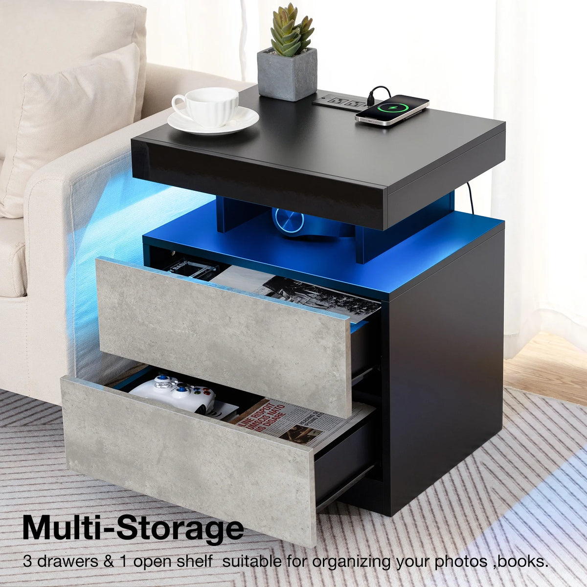Hommpa LED Nightstand with Wireless Charging Station Modern Nightstand Type C USB Port 2 Drawers Bedside Table Black Smart Night Table High Gloss End Side Table for Bedroom Furniture 22.3" Tall