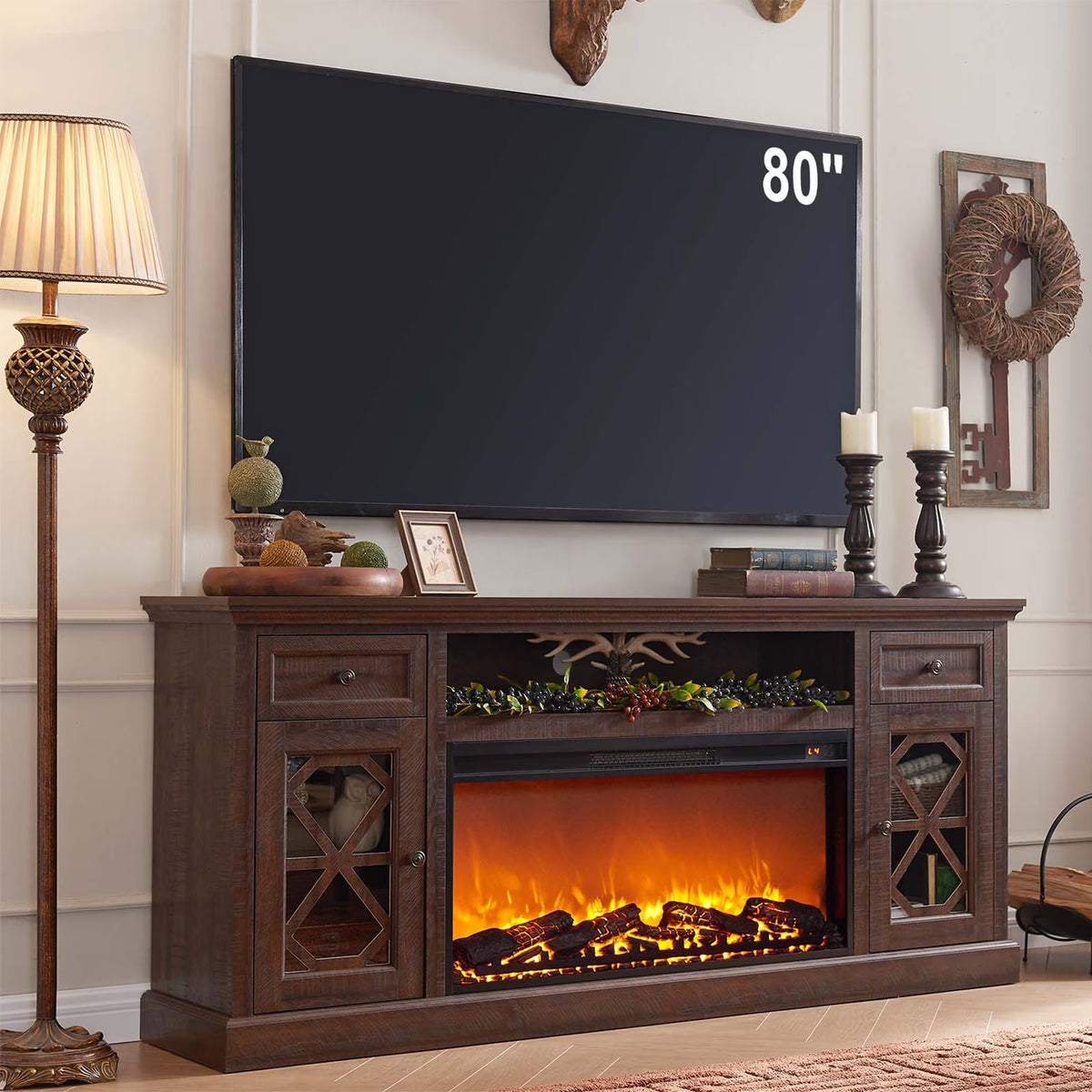 SinCiDo Farmhouse Fireplace TV Stand 75 Inch, Electric Fireplace TV Stand Up to 80 Inch TVs, Entertainment Center with Fireplace for Living Room