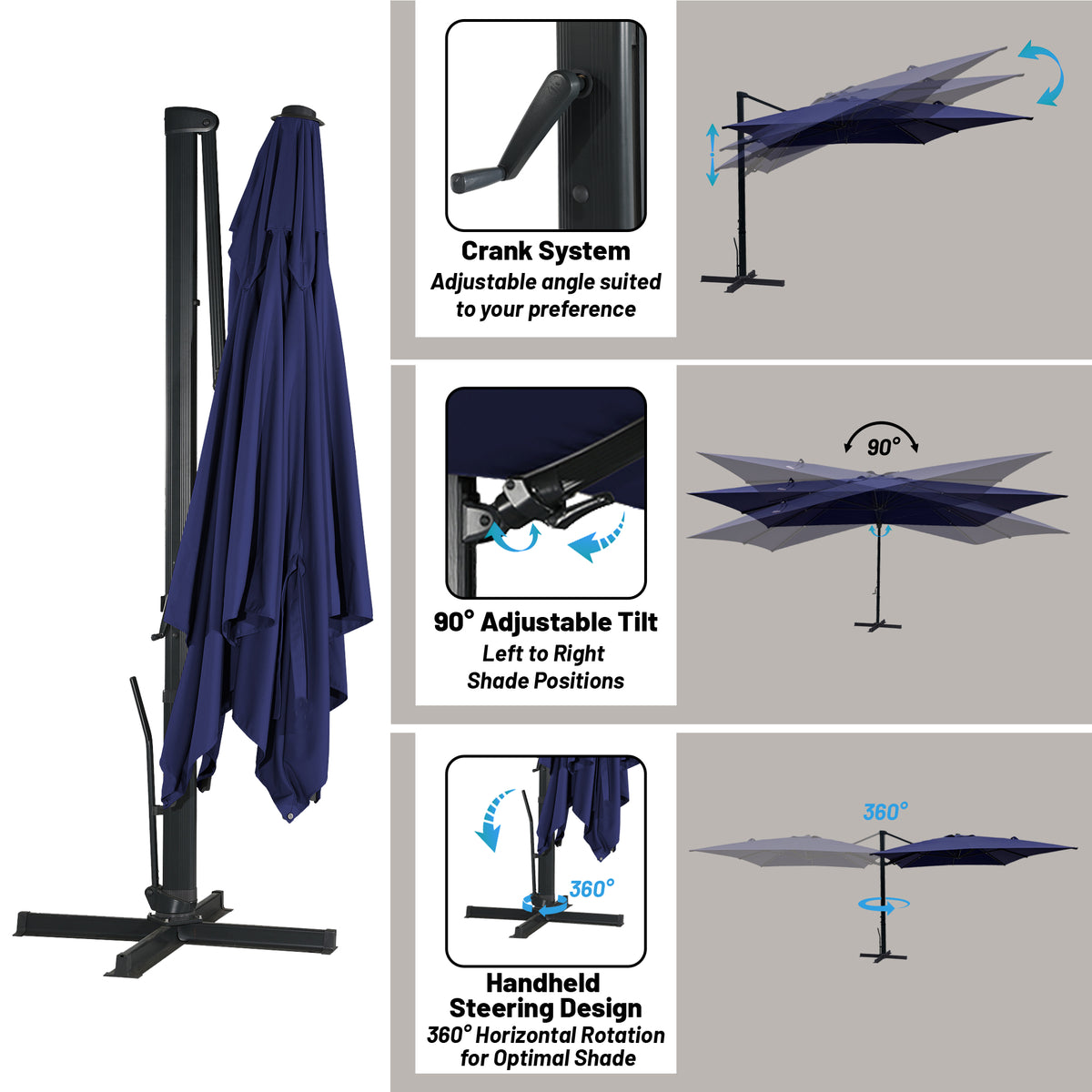 Boyel Living 10 x 13 FT Rectangle Patio Offset Umbrella Outdoor Large Cantilever Umbrella Heavy Duty Sun Umbrella, Gray(Without Base)