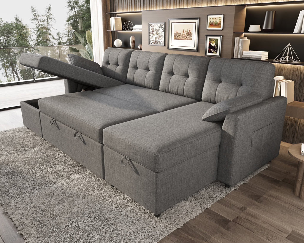 VANACC Sectional Sofa Bed with Storage and Soft Seat ,Reversible Pull Out Couch for Living Room,Beige