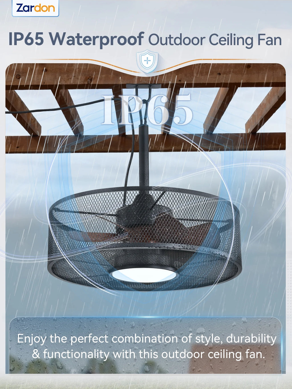 Zardon 20" Outdoor Ceiling Fan with Light and Remote, 7 Blades Caged Waterproof Gazebo Fan for Patio, Porch, Pergola Canopy, App Control