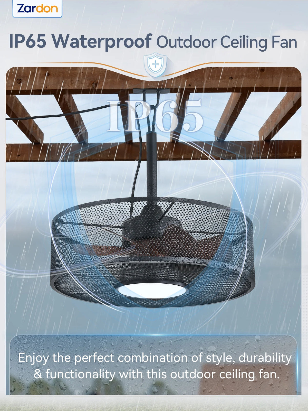 Zardon 20" Outdoor Ceiling Fan with Light and Remote, 7 Blades Caged Waterproof Gazebo Fan for Patio, Porch, Pergola Canopy, App Control