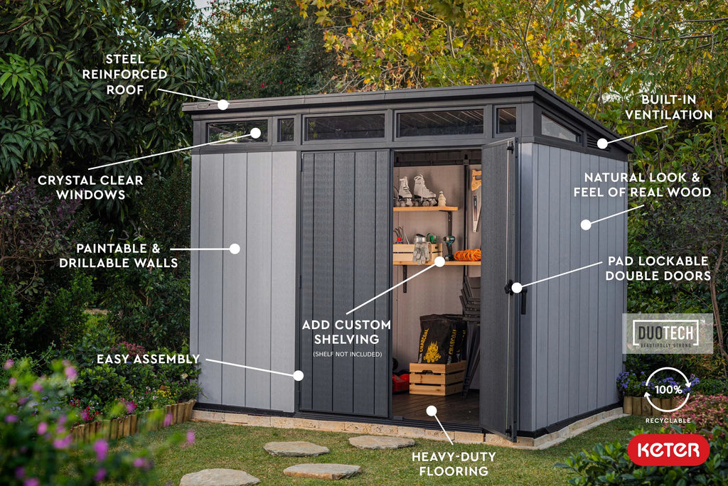 Keter Artisan 9x7 Foot Large Outdoor Shed & Floor w/Modern Design, Grey