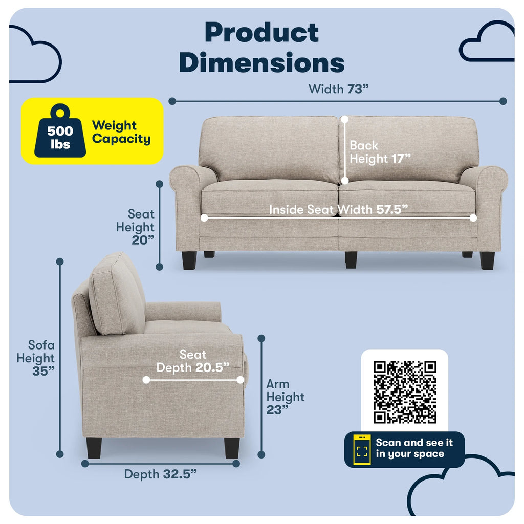 Serta Copenhagen 73" Rolled Arm Sofa with Removable Covers Light Gray