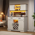 LAFGUR 72" Kitchen Storage Cabinet with Power Outlet & LED Light, Coffee Bar Cabinet with Drawers & Wine Glass Rack,Sideboard for Home,White