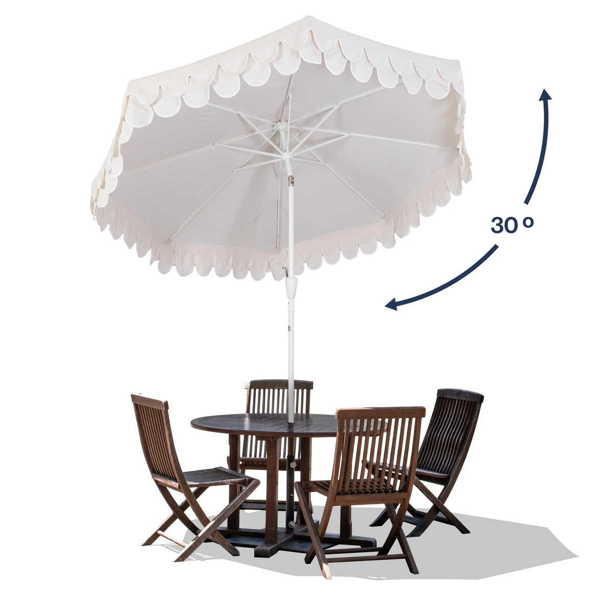 JONATHAN Y Tracy 9 ft. Market Patio Umbrella, Classic Mid-Century Scalloped Fringe, with Auto-Tilt Crank, Wind Vent and UV Protection, Coral Pink/White, Dark Brown Pole