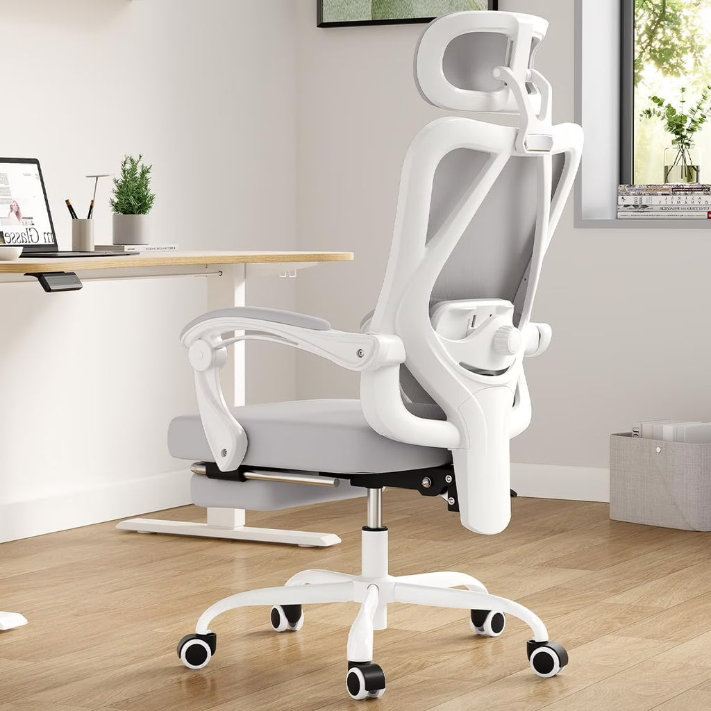 STARY Ergonomic Office Chair with Footrest, High Back Mesh Desk Chair with Adjustable Headrest & Lumbar Support, Comfortable Computer Chair for Home Office Study, White & Beige