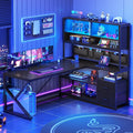 L Shaped Computer Desk with 2 Drawer and Bookshelf, L Shaped Gaming Desk with LED Light, Black