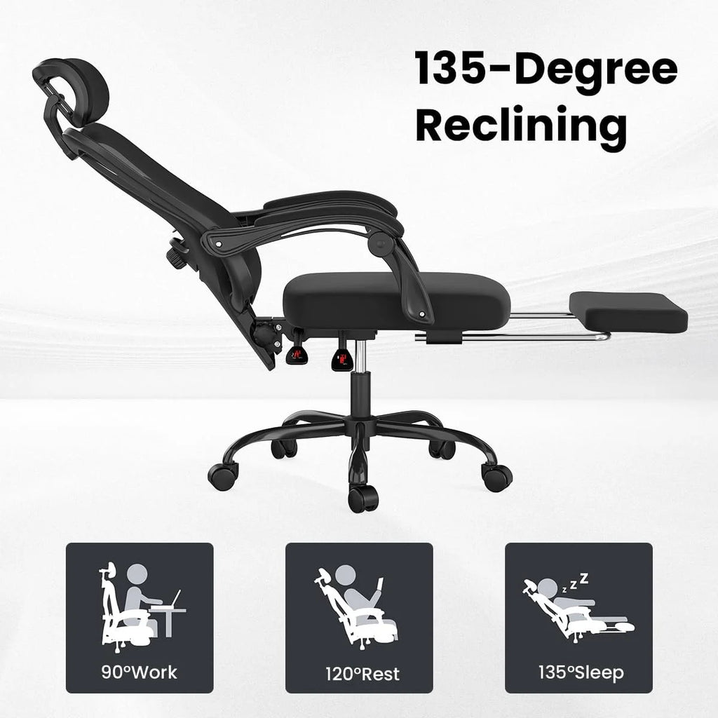 STARY Ergonomic Office Chair with Footrest, High Back Mesh Desk Chair with Adjustable Headrest & Lumbar Support, Comfortable Computer Chair for Home Office Study, White & Beige