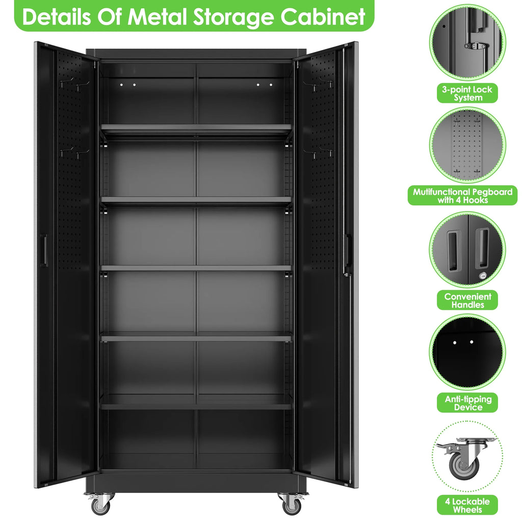 GANGMEI 72 Inches Tall Metal Garage Storage Cabinets with 5 Adjustable Shelves, Lockable Steel Black Storage Cabinet with Doors for Office, Home, School, Shops, Garage, Assembly required
