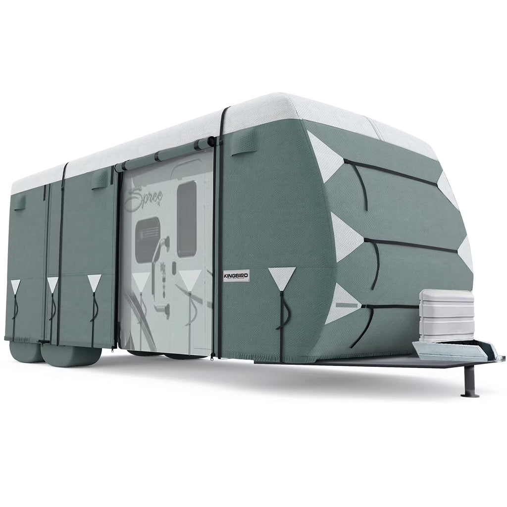 KING BIRD Upgraded Travel Trailer RV Cover, Extra-Thick 5 Layers Anti-UV Top Panel, Deluxe Camper Cover, Fits 27'- 30' RV Cover -Breathable, Water-Repellent, Rip-stop with 2Pcs Straps & 4 Tire Covers