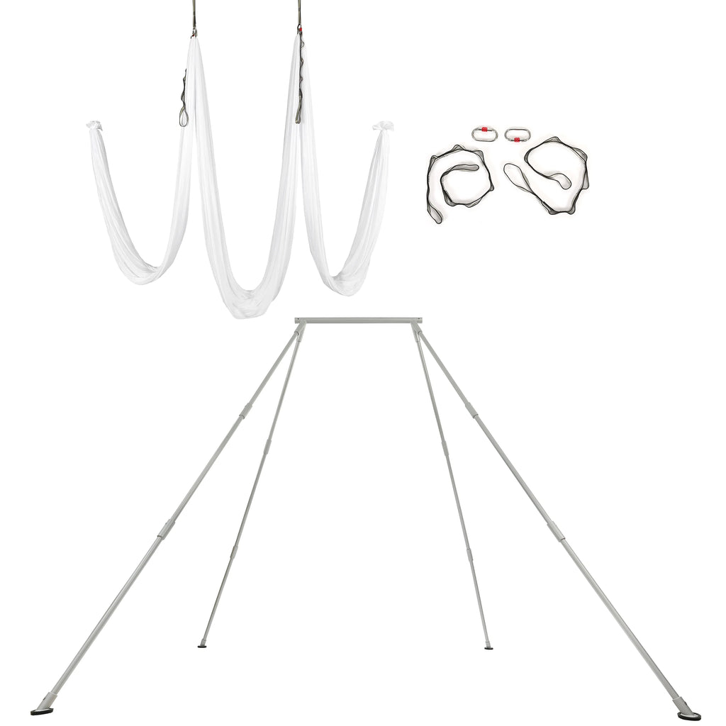 Kojem 97"/2.46m Aerial Stand Yoga Frame Portable Rig Yoga Swing Bar 551 LBS/250KG Indoor Outdoor Aluminum �?Nylon with 39Ft/11.8m Aerial White Silk Yoga Hammocks