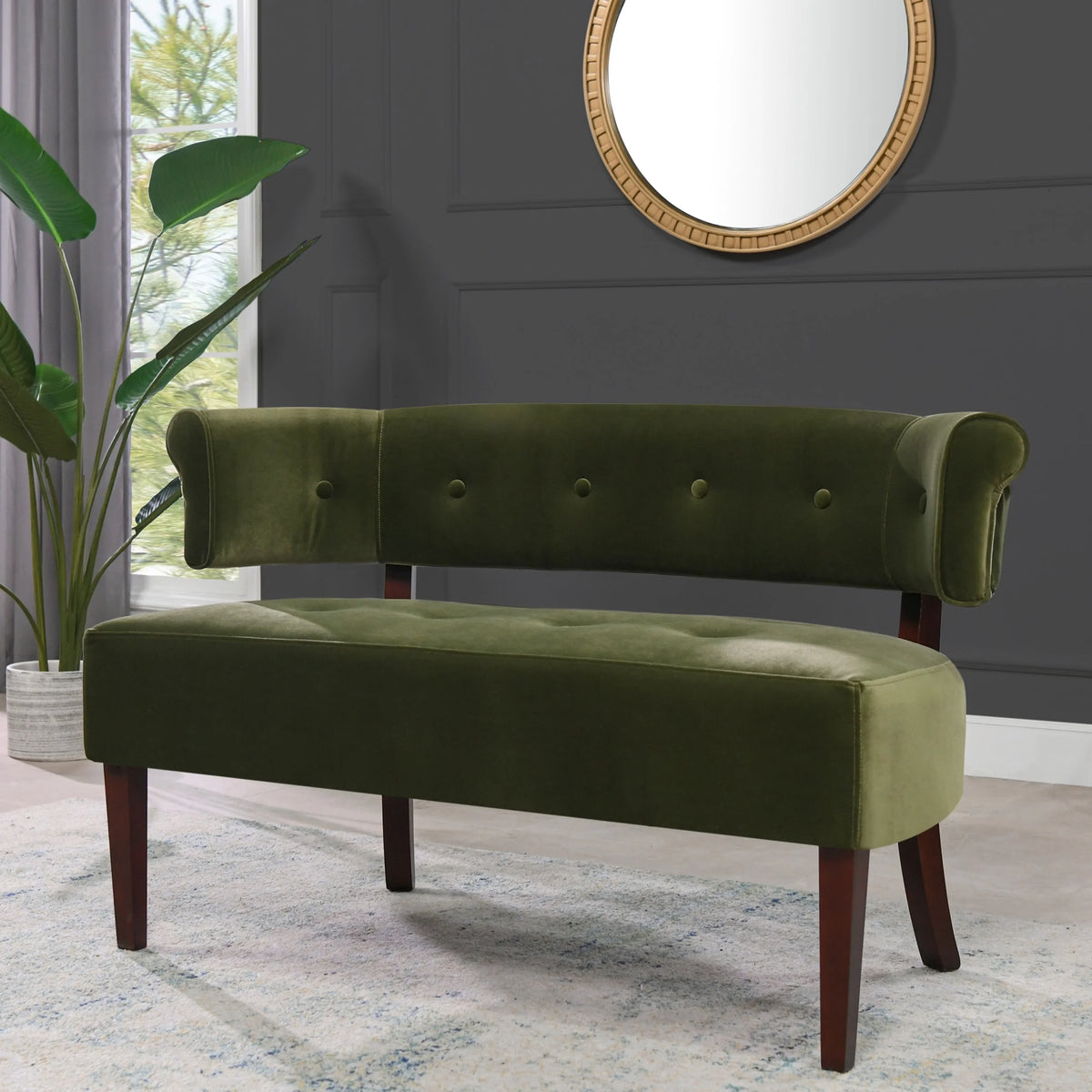 Jennifer Taylor Home Jared Roll Arm Tufted Polyester Fabric Bench, Sky Neutral Beige