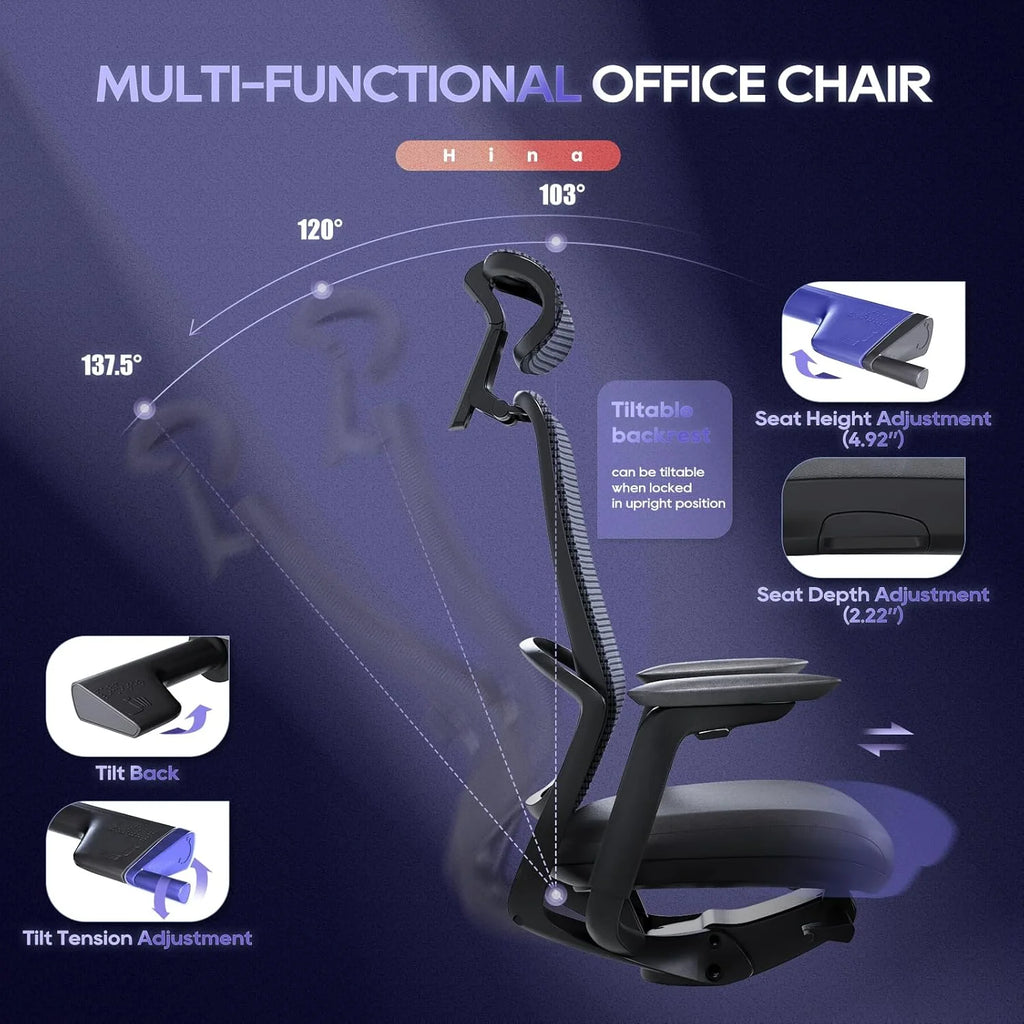 Ergonomic Office Chair, High Back Mesh Desk Chair with Adjustable Lumbar Support, Reclining Backrest, 4D Armrests, Breathable Mesh, Comfortable Computer Chair for Home Office, Work,Study