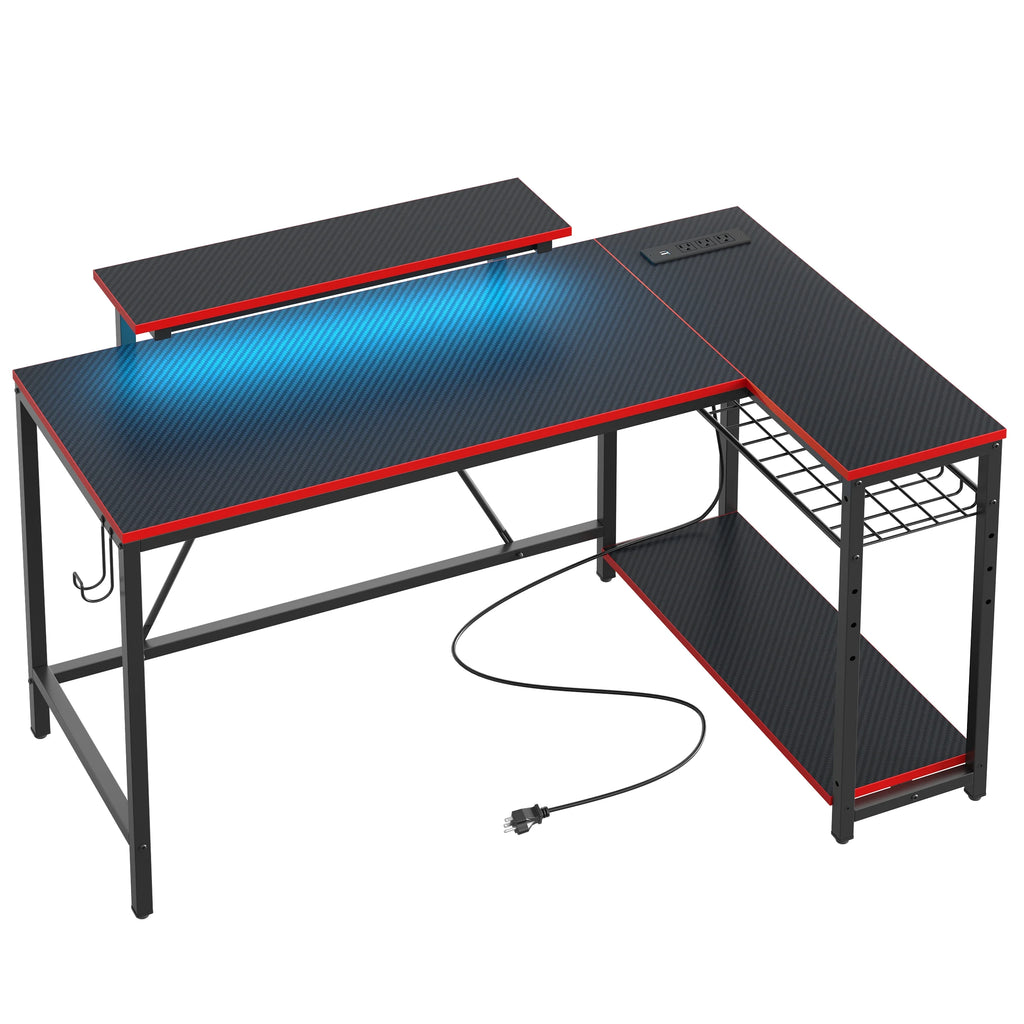 Bestier 52" Gaming Desk with LED Lights L Shaped Desk with Power Outlet & Monitor Stand Corner Computer Desk in Carbon Fiber