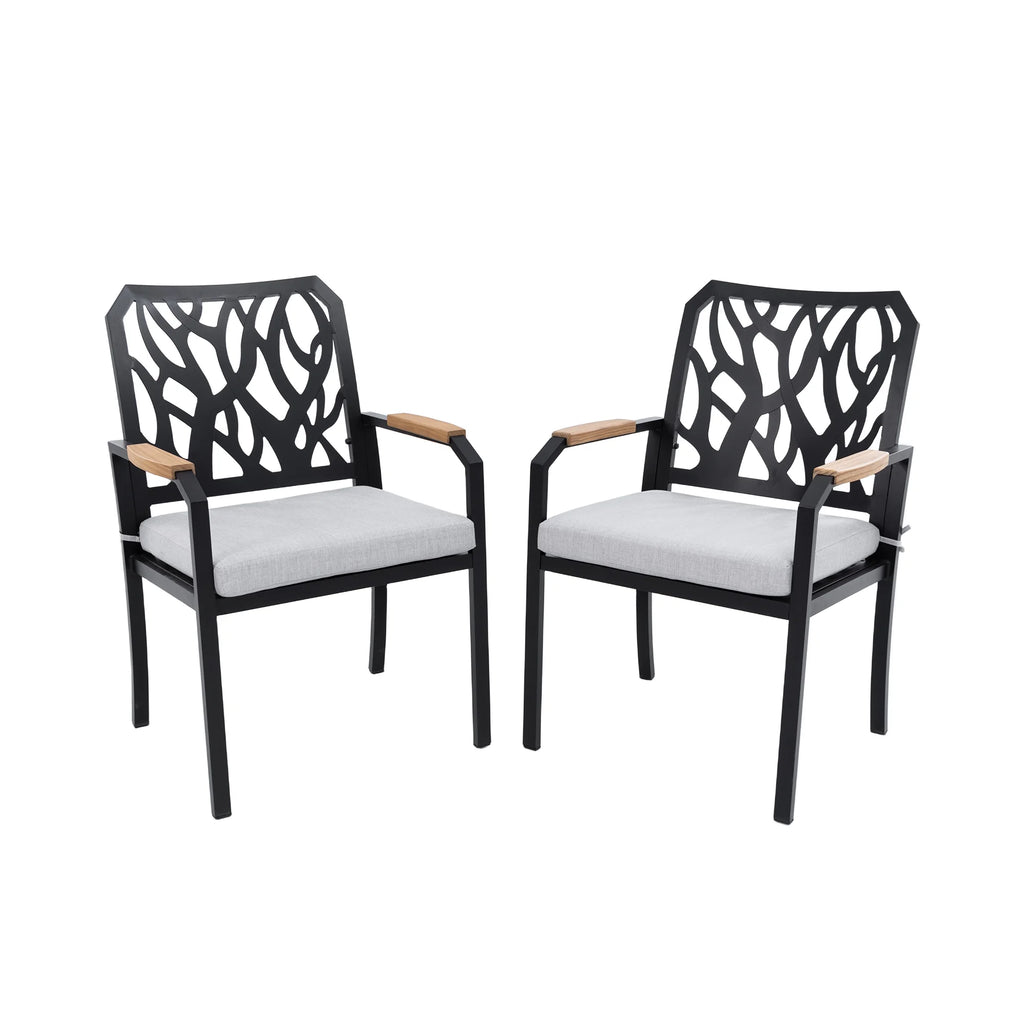 Outdoor Patio K/D Aluminum Stationary Dining Chairs 2PCS with Outdoor-grade Sunbrella Fabric Cushions, Branch-Like Backrest ,FSC-Certified Wood Armrests, Bourbon Brown