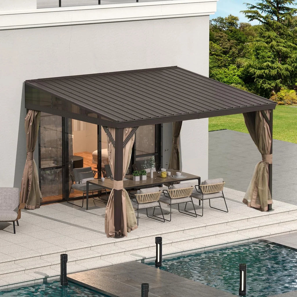 TOTAL Outdoor 10'x12' All-Season Sunroom Gazebo with Steel Roof, PVC Screen, Front & Side Door, Brown