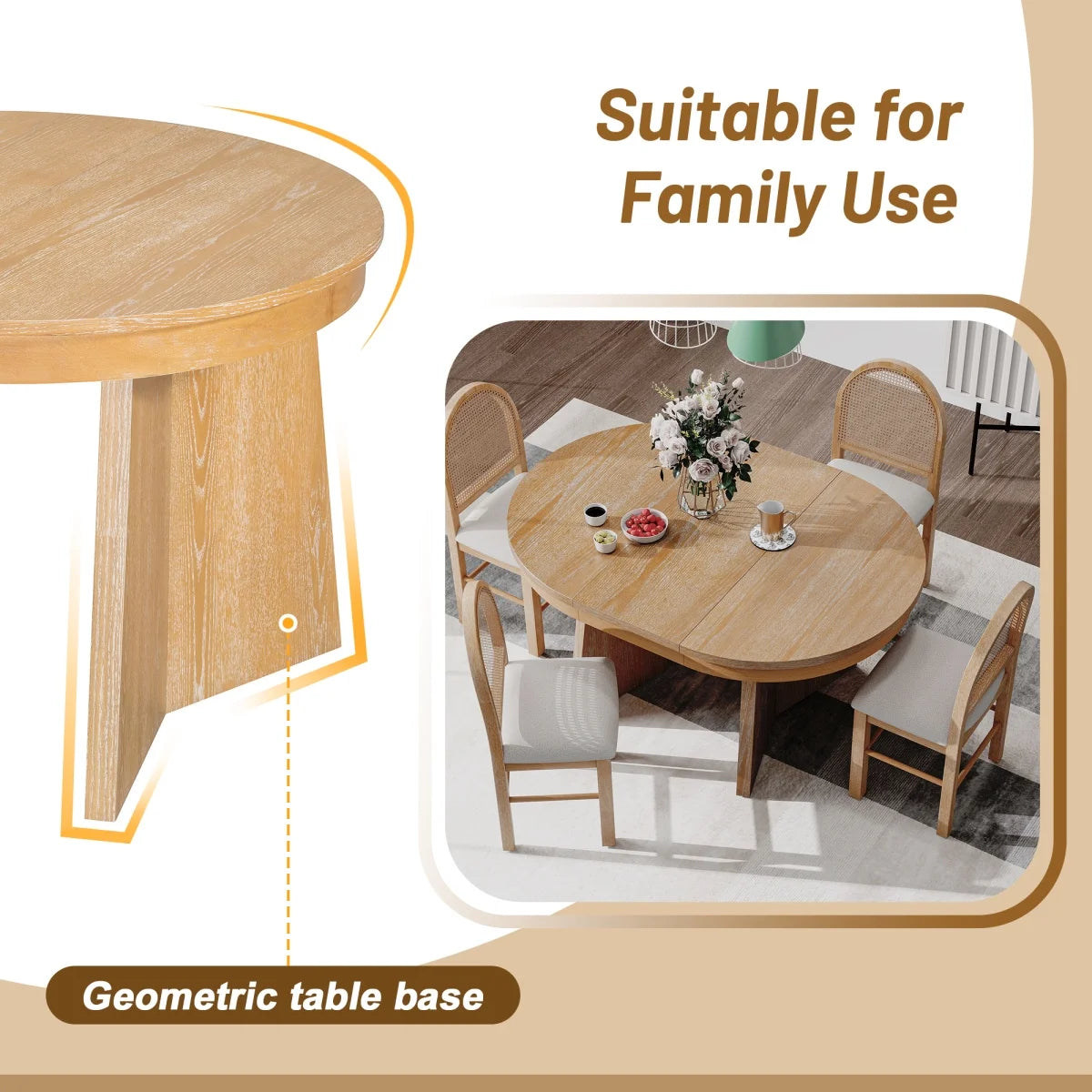 5-Piece Extendable Dining Table Set for 4 People, Solid Wood Kitchen Table Set with 4 Upholstered Chairs and Rattan Backrests for Dining Room and Kitchen, Natural
