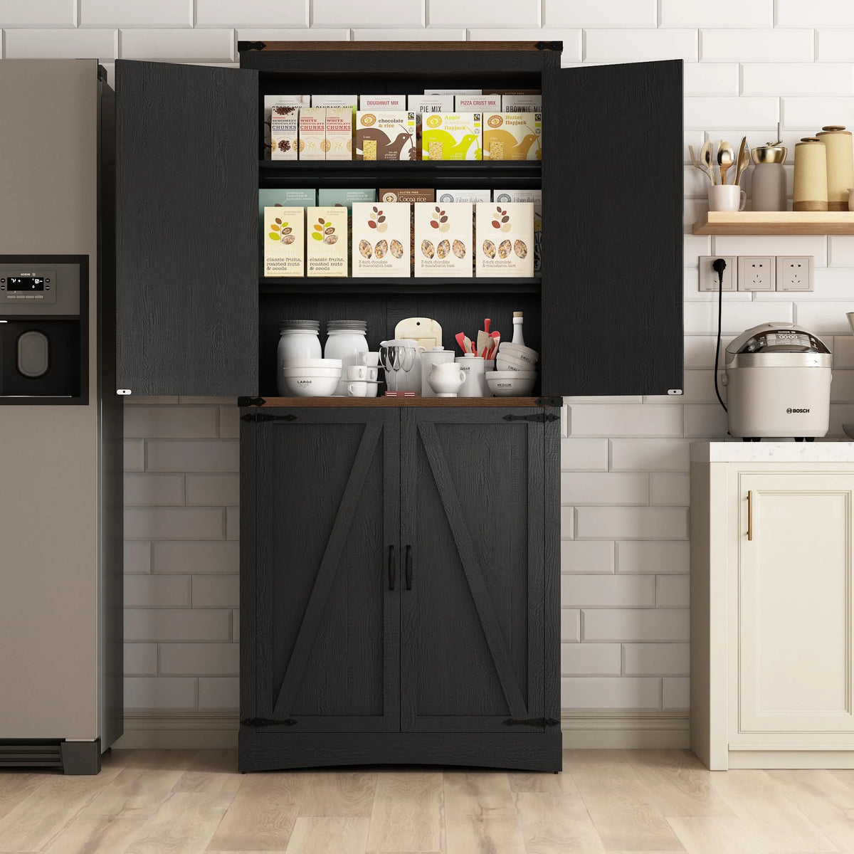 71" Tall Farmhouse Kitchen Pantry Cabinet, 5 Layers Storage Cabinet with Adjustable Shelves, Farmhouse Pantry Cabinet with 4 Barn Doors for Kitchen, Dining Room, Bathroom, Living Room, Rustic White