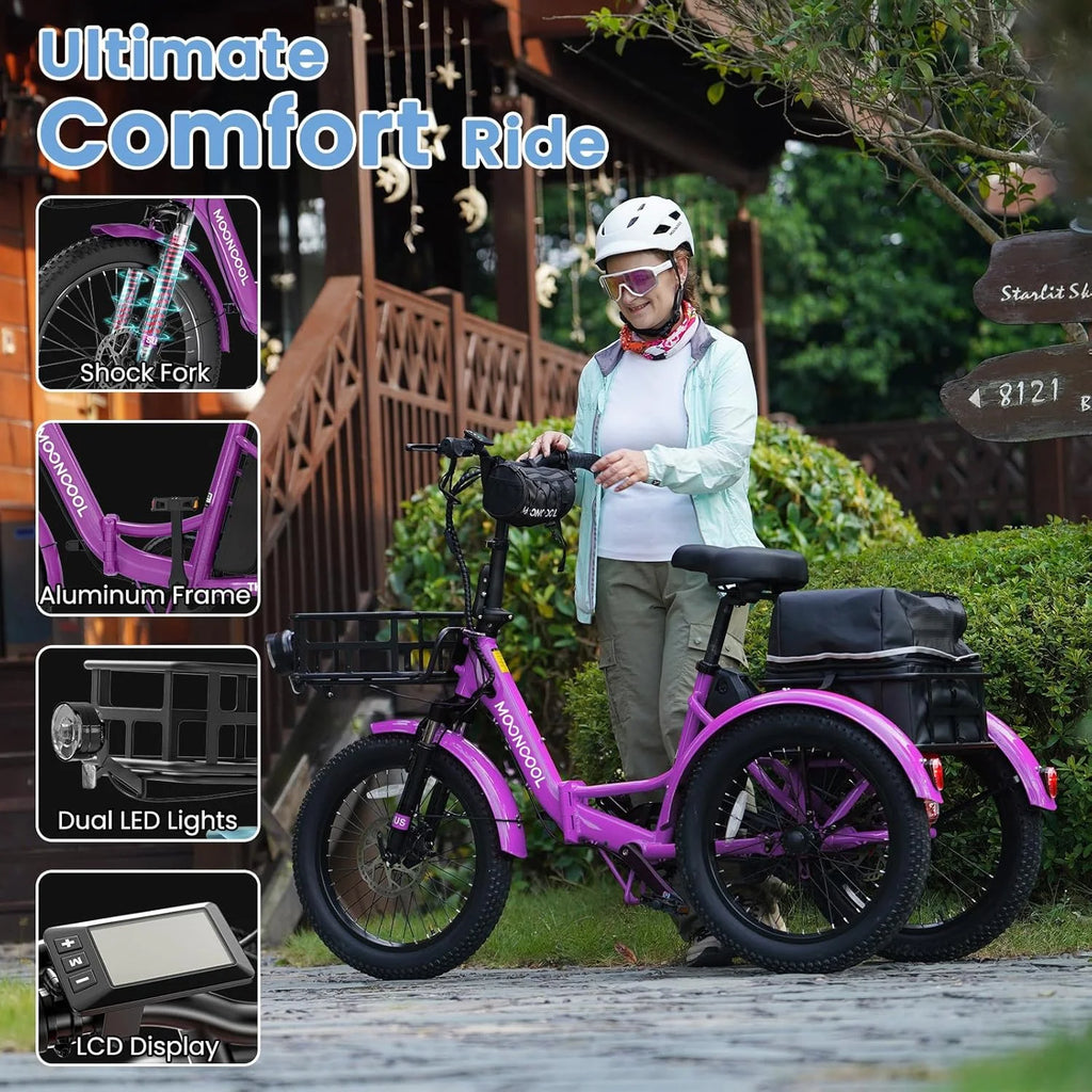 MOONCOOL TK1 Folding Electric Tricycle for Adults,48V 14.5Ah Removable battery, 500W（Peak 1000w）Motor, 20" Fat Tire Step-Thru 3Wheel Electric Bicycle w/Front&Rear Baskets, Certified to UL 2849 by SGS