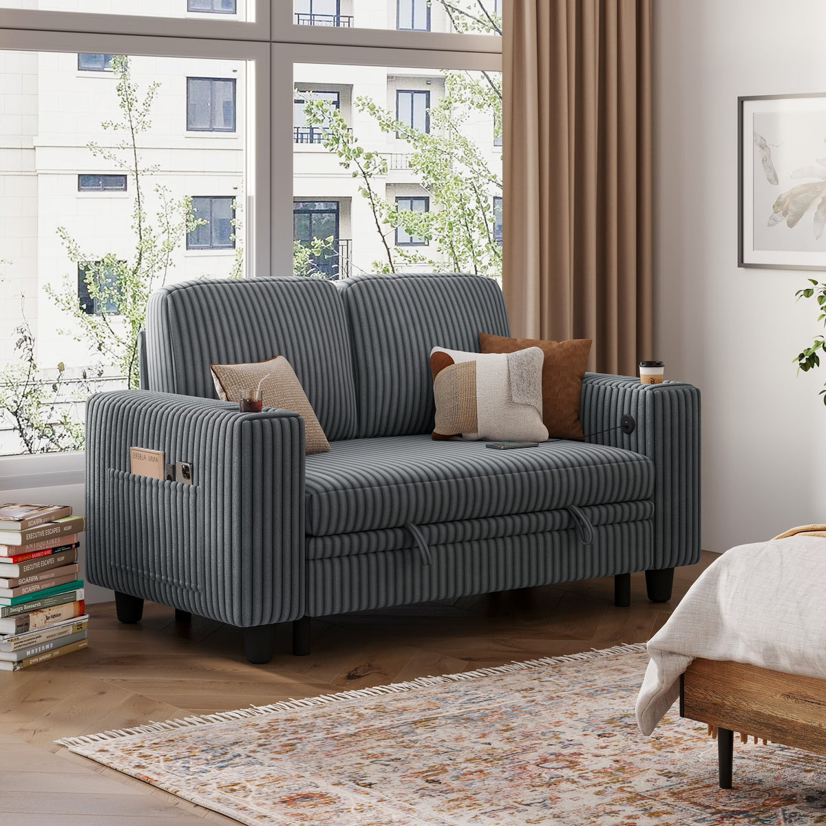 Linsy Home Plush Corduroy Pull Out Couch Chaise Lounge, Convertible Loveseat Sofa Couch With Usb & Cup Holder, Green