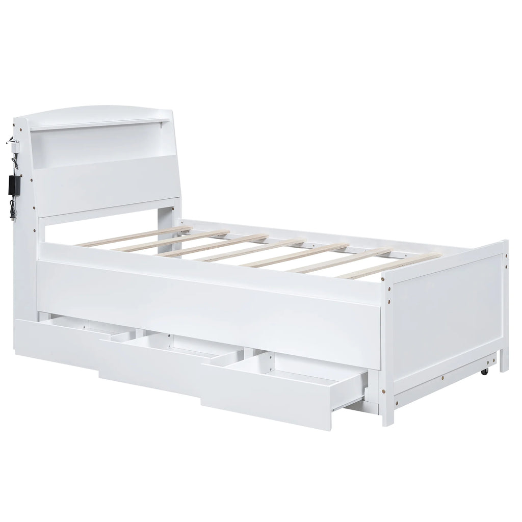 Euroco Wood Twin Size Platform Bed with Storage Headboard, Drawers Trundle and LED Light, White