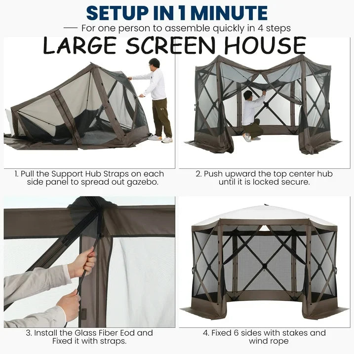 COBIZI 12'x12' Pop-up Gazebo Outdoor Camping Tent with 6 Sides Mosquito Netting, Waterproof, UV Resistant, Portable Screen House Room, Easy Set-up Party Tent with Carry bag, Ground Spike, Brown