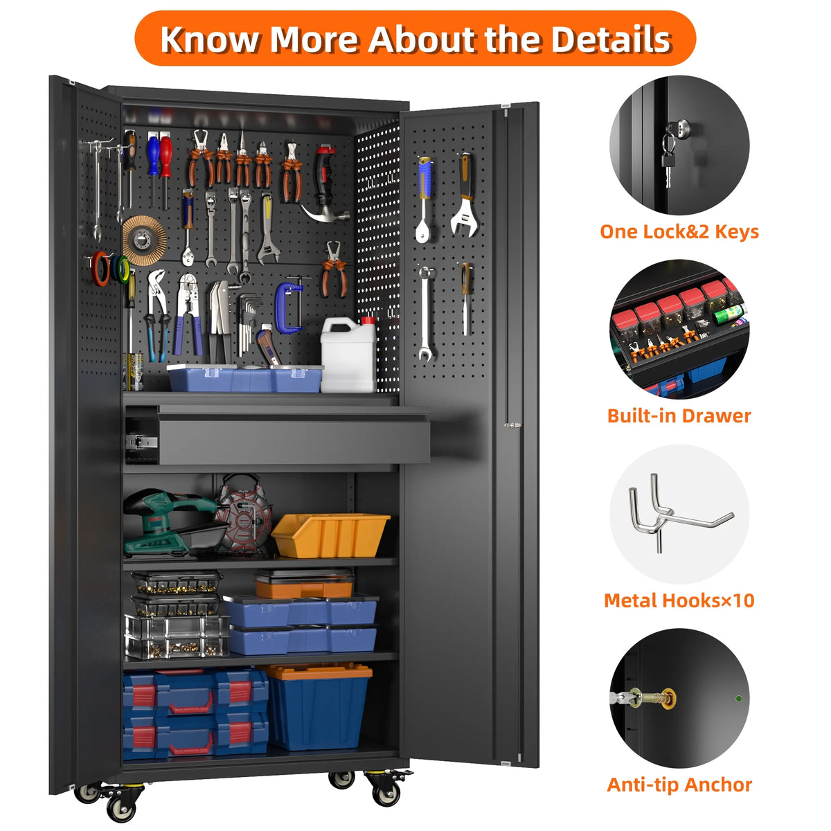 Aobabo Metal Storage Cabinet with Lock,Garage Storage Cabinet with Wheels,72In Steel Storage Cabinet for Garage Home Storage, Black Required-Assembly