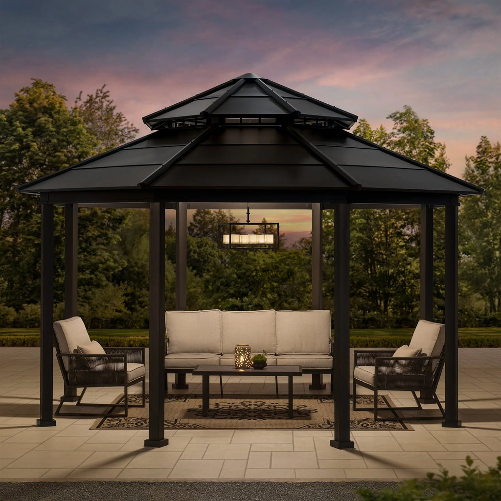 Sunjoy 15 x 15 ft. Outdoor Hardtop Gazebo, Octagon Double Tiered Metal Gazebo with Dual Rails and Ceiling Hook for Patio, Garden, Backyard Shade