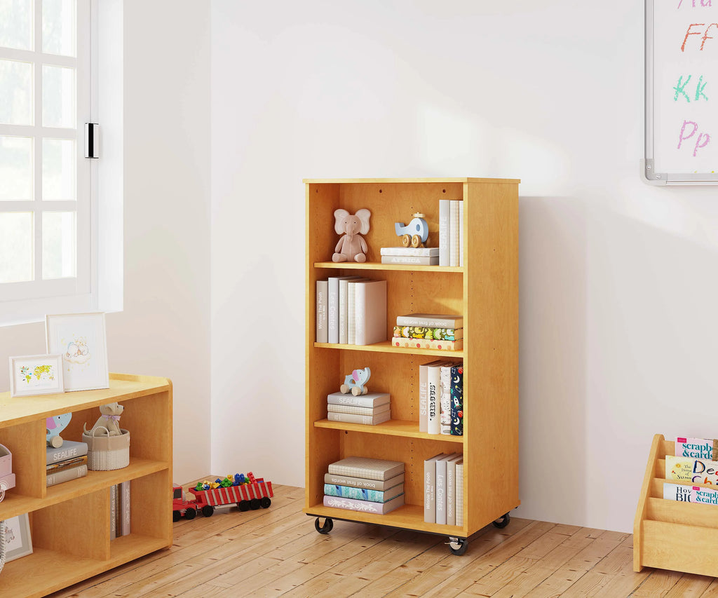 Tot Mate Open Double Sided 3 Tier Mobile Shelves Wooden Classroom Bookcase, Red, 36"W x 23"D x 48"H