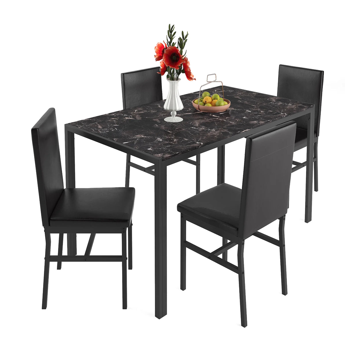 5 Piece Dining Set, Modern Dining Table and Chairs Set for 4, Counter Height Bar Table Set, Modern Pub Table with 4 Velvet Fabric Cushioned Stools, Faux Marble Dining Table & Stools Set, D9297