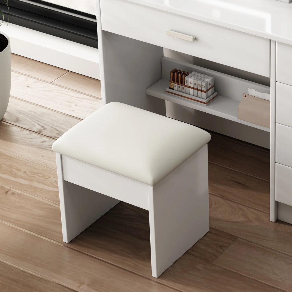Montary Modern Mini Vanity w/Adjustable LED Mirror + Hidden Storage, Padded Stool & Dustproof Shelves (White)