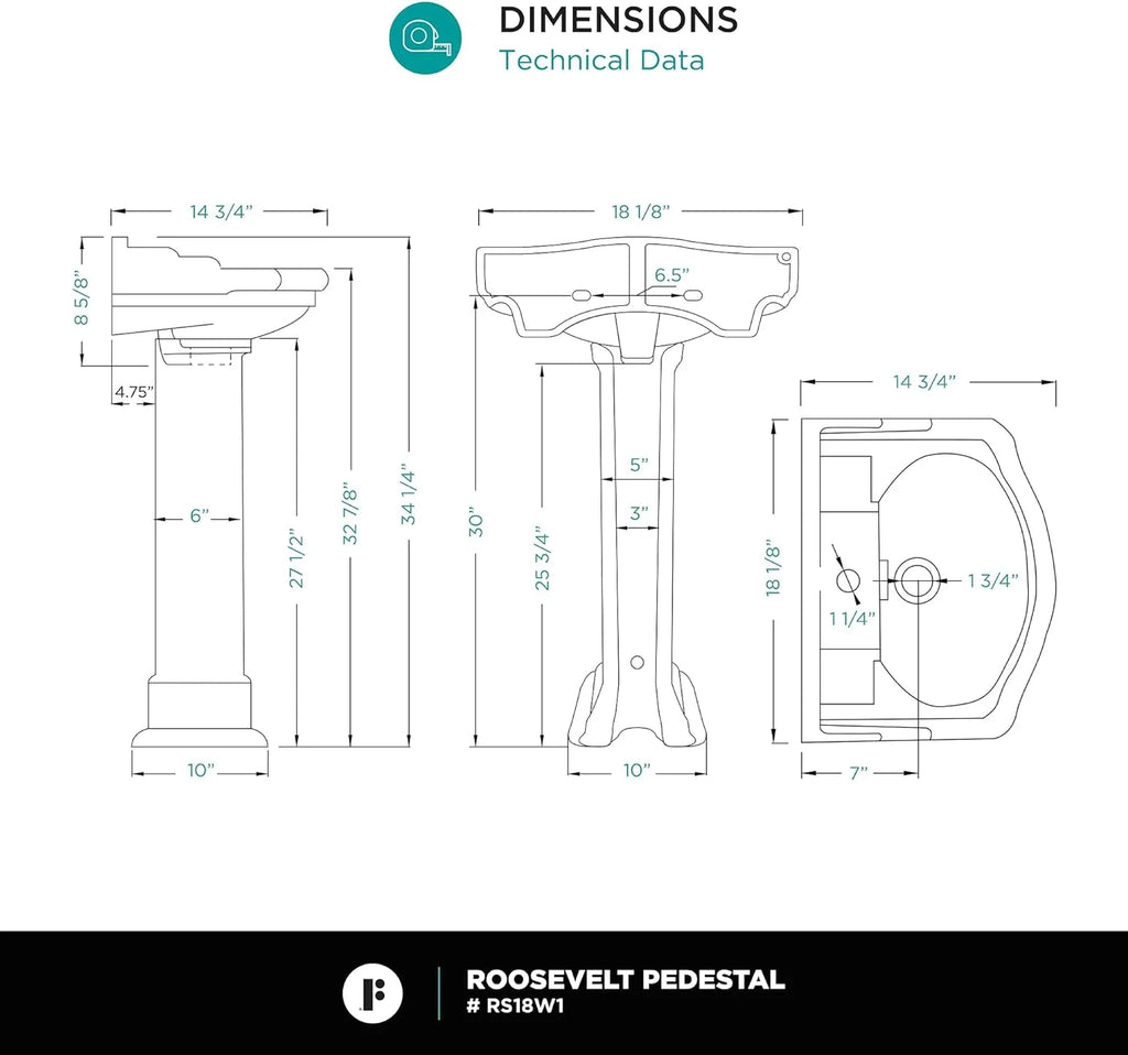 Fine Fixtures Roosevelt Pedestal Sink - 18 Inch Vitreous China Ceramic Pedestal Sink - Single Faucet Hole Sink in White