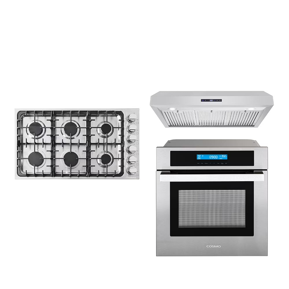 3 Piece Kitchen Package With 36" Gas Cooktop 36" Under Cabinet Range Hood 24" Single Electric Wall Oven