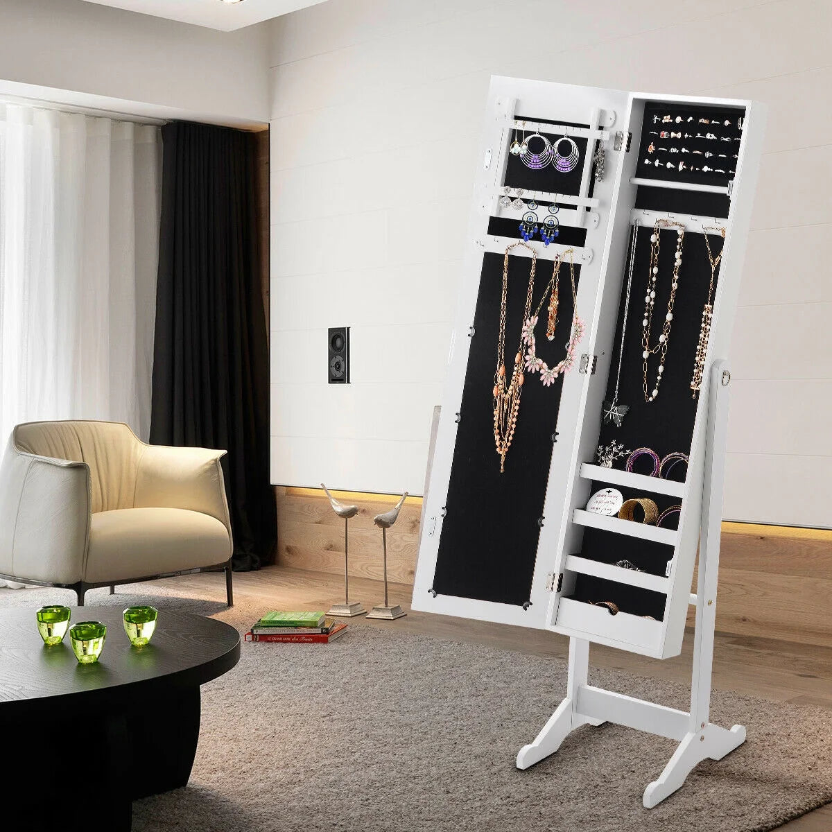 Costway Jewelry Mirrored Cabinet Armoire Organizer Storage Box w/ Stand Christmas Gift
