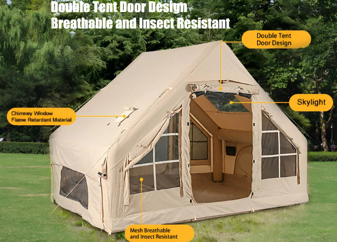 Inflatable Camping Tents With Hand Pump, Air Glamping Tents, Easy SetupWaterproofand Windproof Blow Up Tent, 4 Seasons Oxford Cabin Tent With esh &ChimneyWindow.
