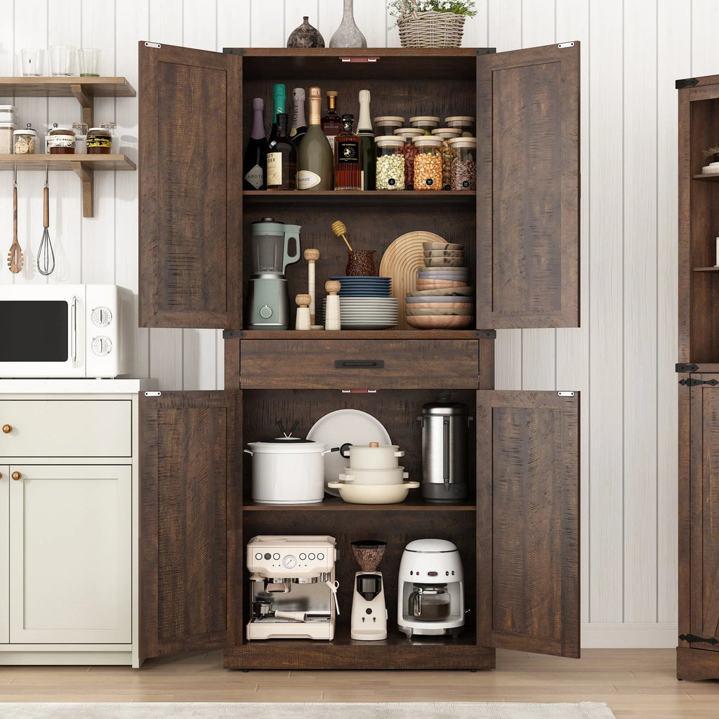 72" Tall Farmhouse Kitchen Pantry Cabinet w/1 Drawer & 4 Roomy Storage Shelves, Versatile Wood Storage Cabinet with 4 Barn Door & Adjustable Shelves &  for Dining Room Bathroom Utility Room