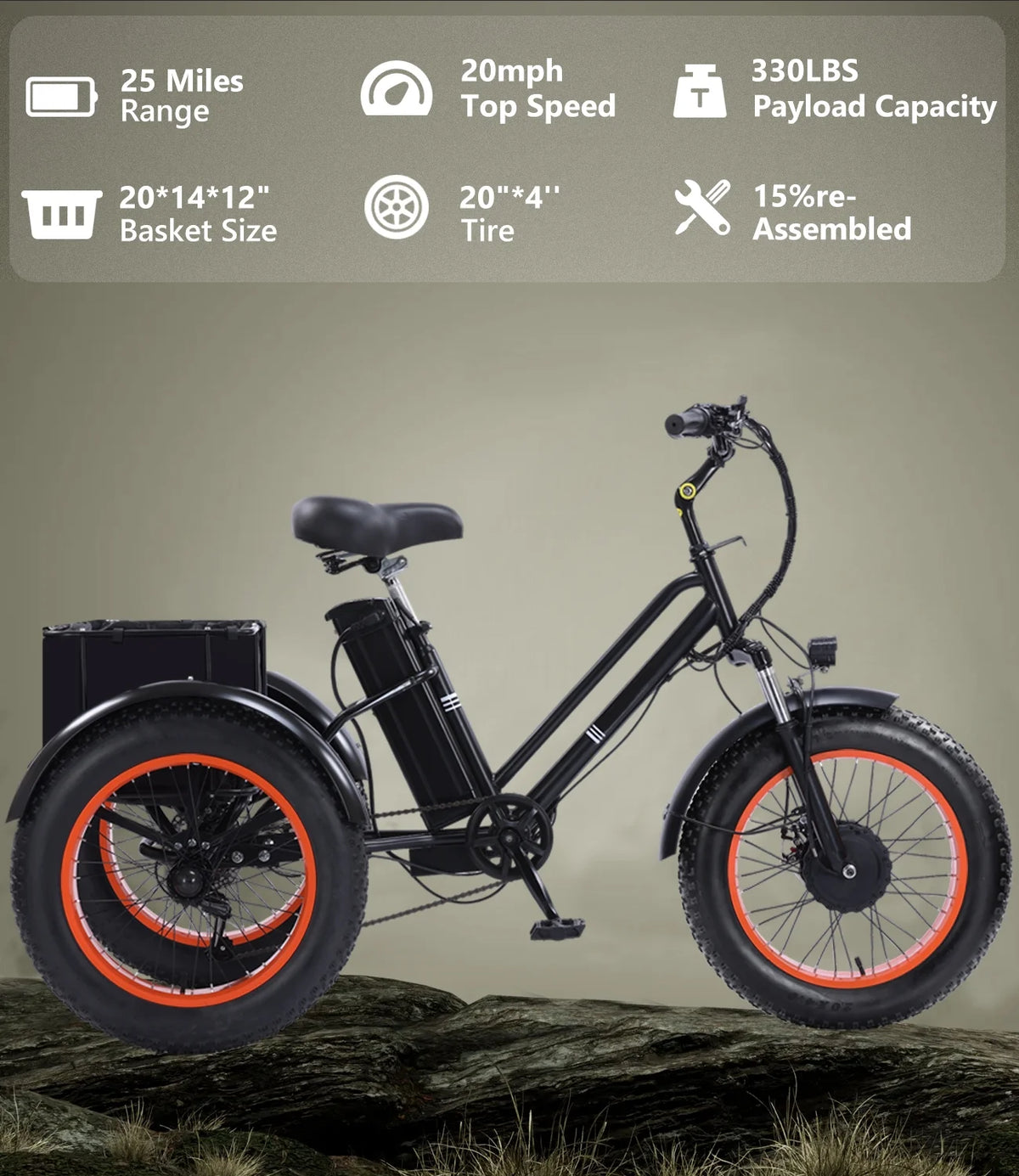 YEBEI Electric Tricycle for Adults Folding E-Trike Motorized Tricycle Electric 3 Wheels Trike Powerful 500W Motor Electric Tricycle 48V15AH Lithium Battery Max 20MPH 20*4.0�� Fat Tire Orange