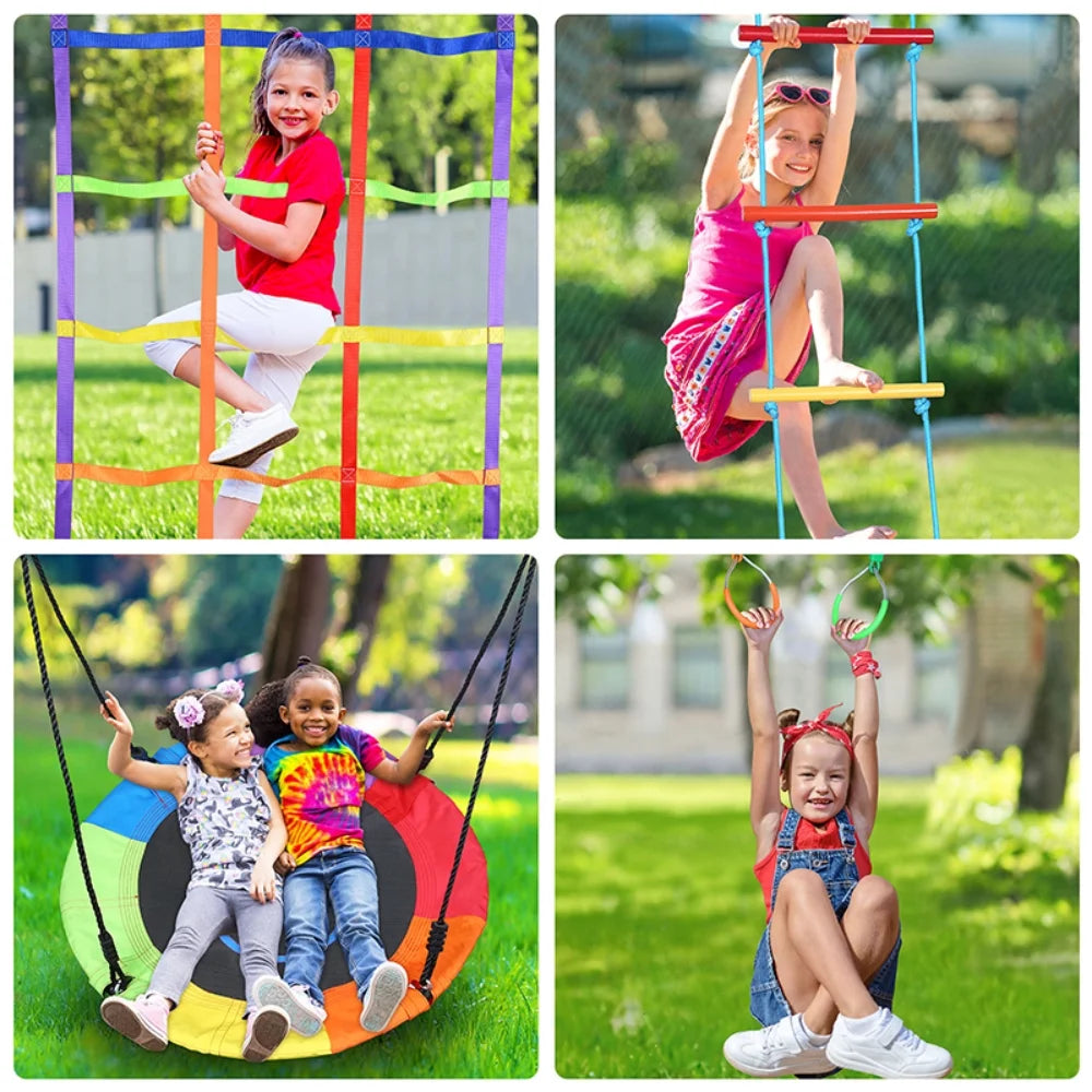 KloKick 50ft Ninja Warrior Obstacle Course with Slackline Monkey Bars and Saucer Swing