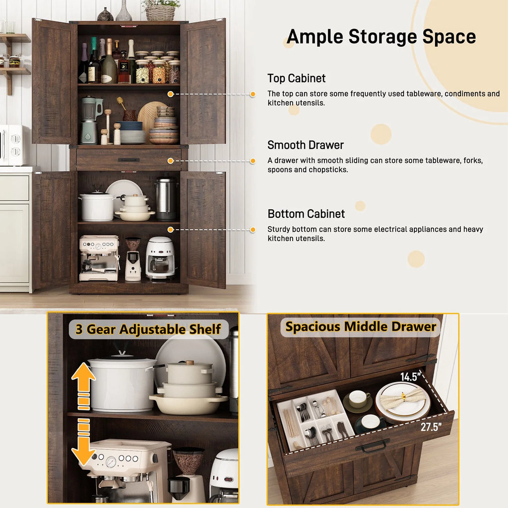 72" Tall Farmhouse Kitchen Pantry Cabinet w/1 Drawer & 4 Roomy Storage Shelves, Versatile Wood Storage Cabinet with 4 Barn Door & Adjustable Shelves &  for Dining Room Bathroom Utility Room