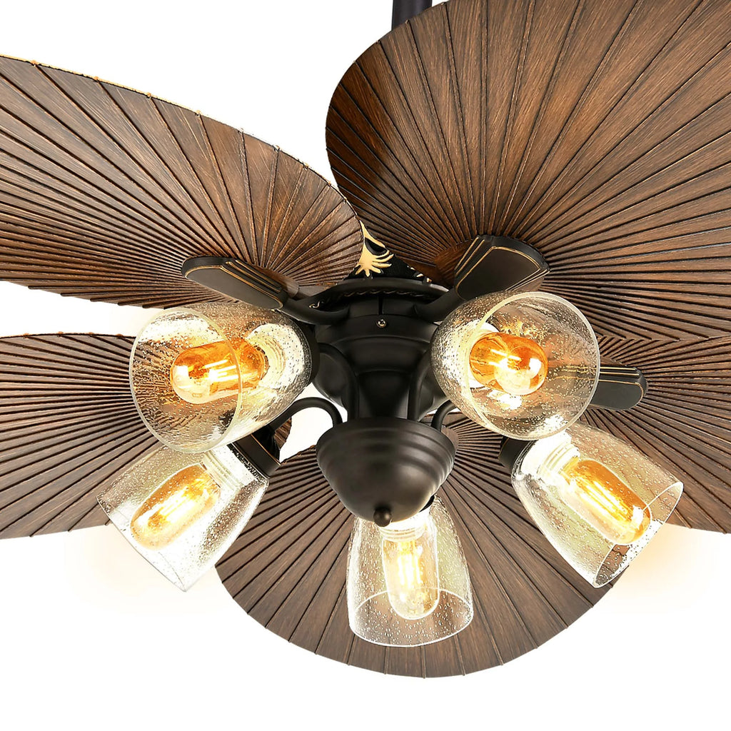 52 Inch Tropical Ceiling Fans with Light and Remote, Fan Light with Memory Function, 3 Speed & Lights Colors Changing, Outdoor Palm Leaf Fan - Brown